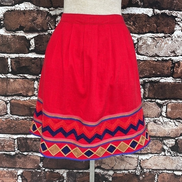 Pomelo Skirt Full Pleats Embroidery Linen Red Size XS - Picture 8 of 12